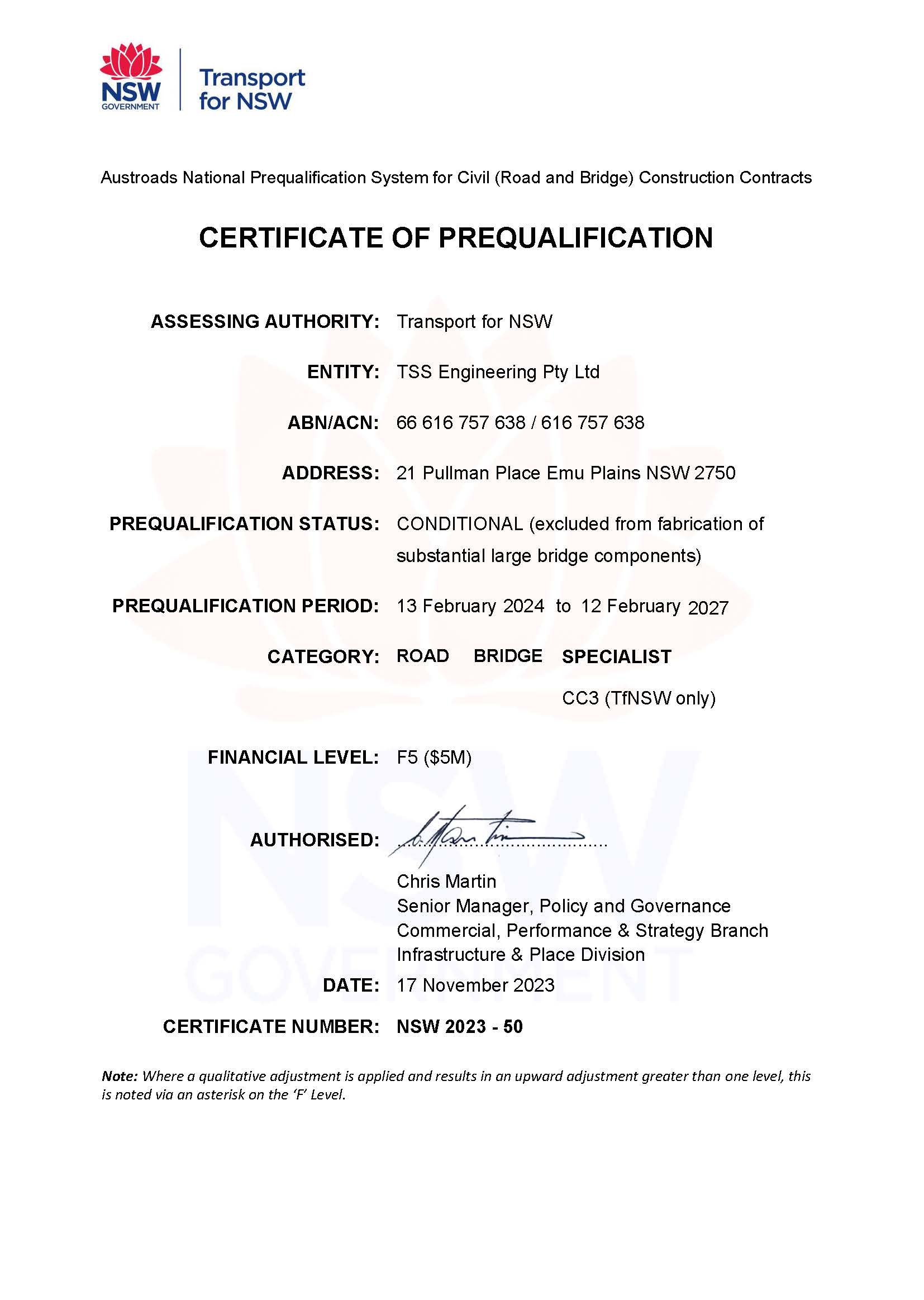 Prequalification Certificate - TSS Engineering Pty Ltd signed