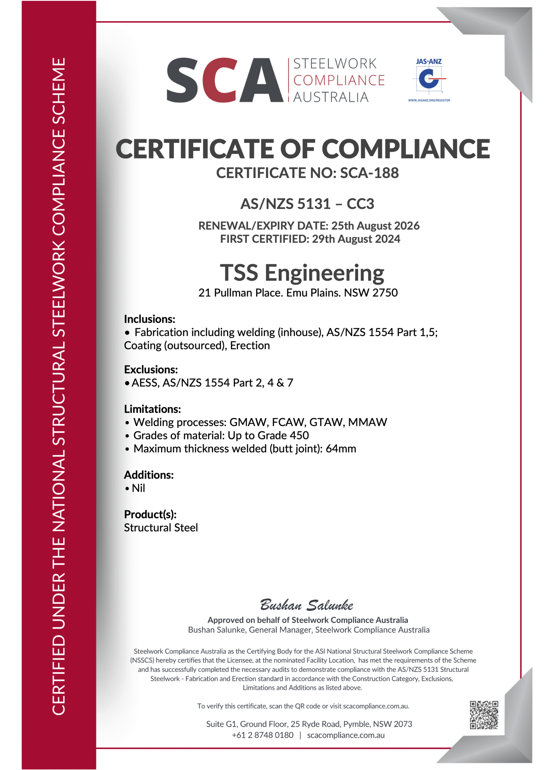 SCA-188 CC3 Certificate of Compliance TSS Engineering 25.08