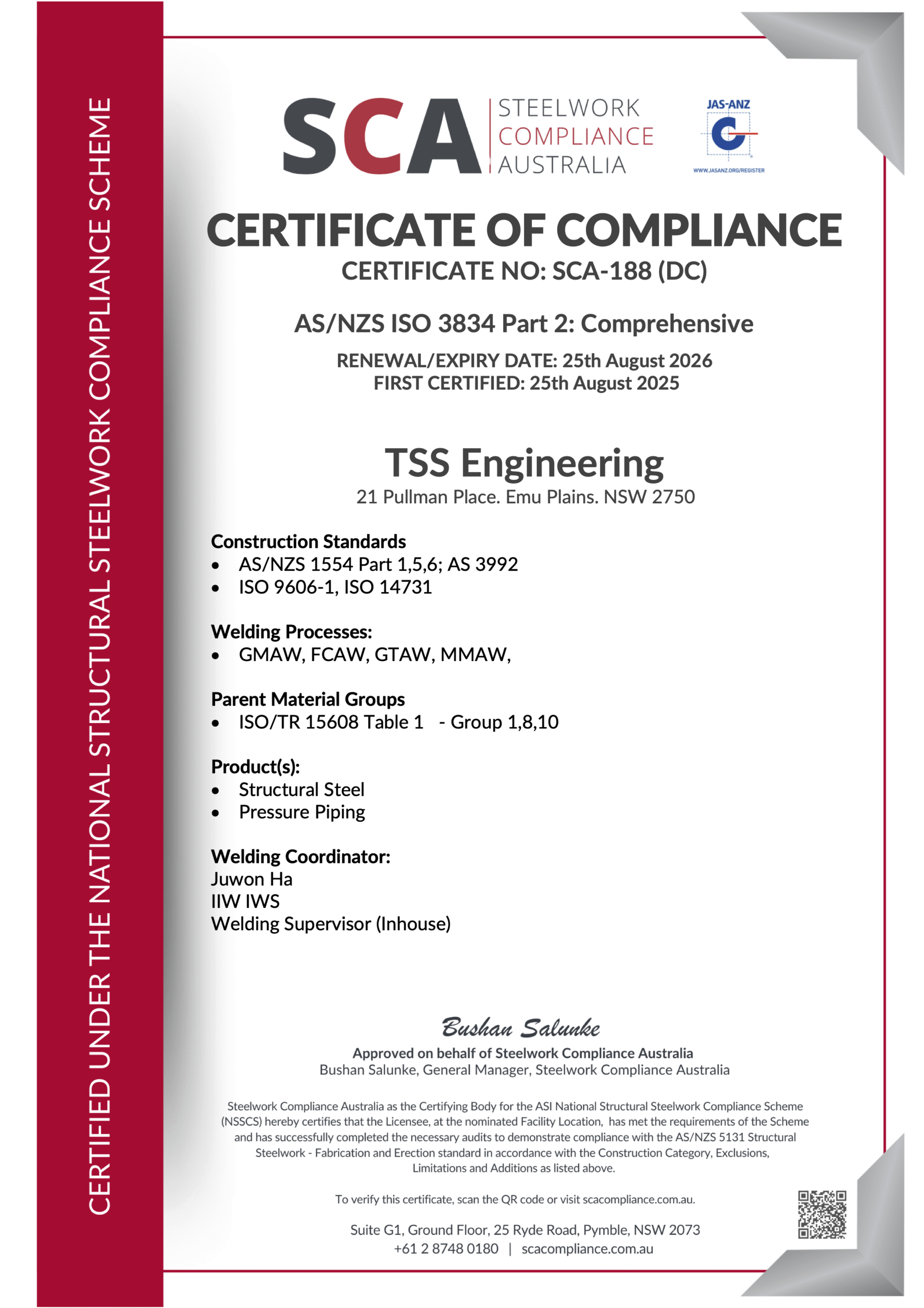 SCA-188DC 3834.2 Certificate of Compliance TSS Engineering 25.08