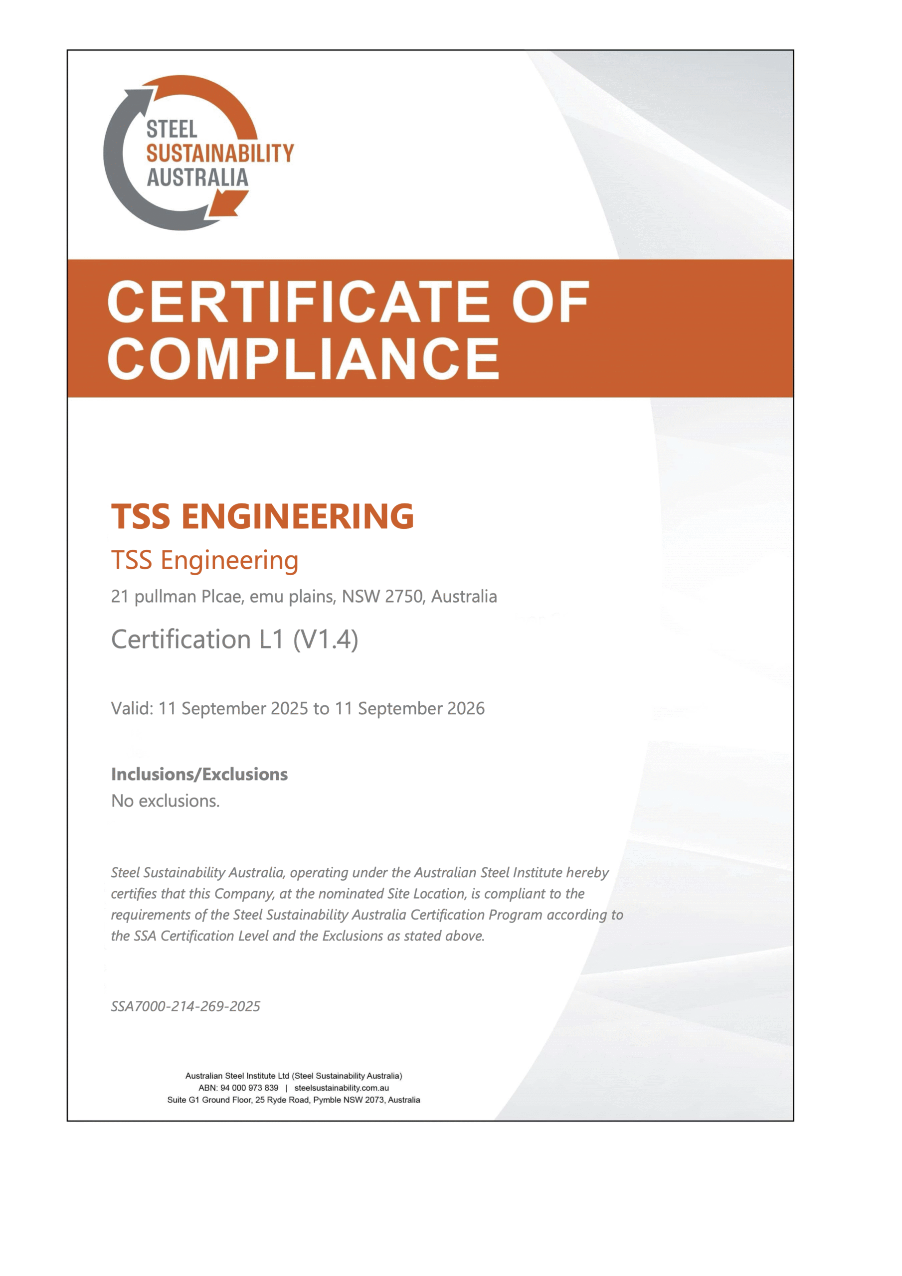 SSA Certificate of Compliance - TSS Engineering-2025
